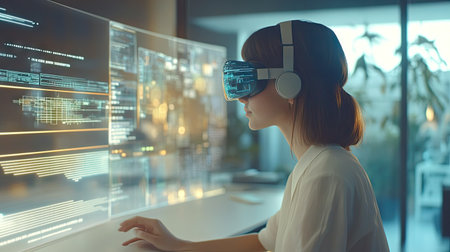 Woman in VR headset in a modern workspace, interacting with floating holographic data panels.の素材