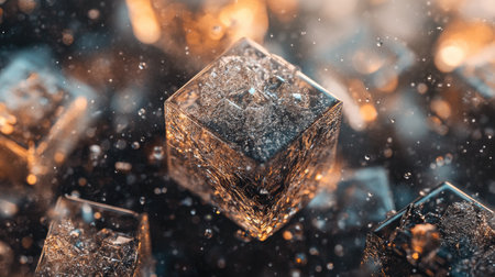 Macro shot of ice cubes with intricate crystalline structures and melting drops of waterの素材