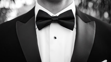 Classic black bow tie with a tuxedo and white shirt in close-up, showing the refined details of formal attire.の素材