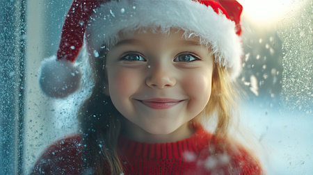 Smiling child in Santa hat and red sweater, looking through a frosted window with snow falling outside.の素材