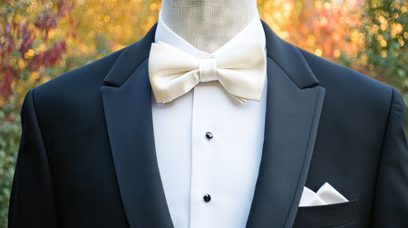 Silk bow tie with a tuxedo jacket and white shirt in a close-up, exuding timeless elegance and formal detail.の素材