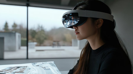 Woman in VR headset at a modern office desk, exploring a virtual project layout in front of her.の素材