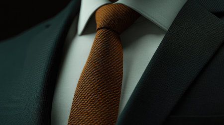Stylish necktie in a muted color, worn with a white shirt and dark suit, close-up showing the precise knot and fabric texture.の素材