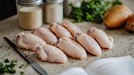 Fresh chicken wings spread out on a kitchen counter next to a cookbook and knife for a meal prep scene.の素材