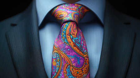 Stylish man in a dark suit with a patterned necktie, close-up capturing the vibrant colors and luxurious fabric in formal style.の素材