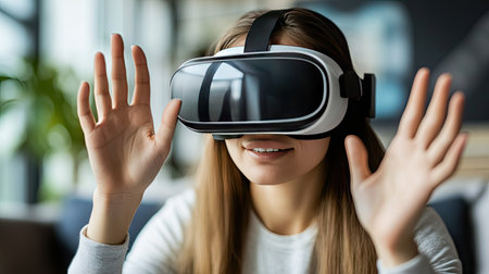 Woman using VR goggles in a living room, hands outstretched as if navigating a virtual obstacle course.の素材