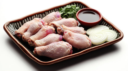 Fresh chicken wings arranged on a ceramic plate with sliced onions, ginger, and a side of soy sauce.の素材