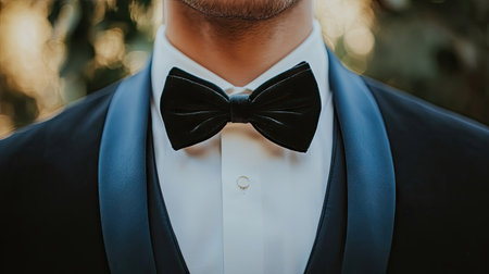 Close-up of a black velvet bow tie paired with a sleek white shirt and dark suit, highlighting luxury and formal elegance.の素材
