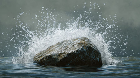 A dynamic splash of water hitting a smooth rock, droplets flying in all directions.の素材