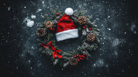 Classic Christmas wreath with a Santa hat, decorated with pinecones, ribbons, and berries, creating a cozy holiday vibe.の素材