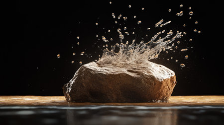 A dynamic splash of water hitting a smooth rock, droplets flying in all directions.の素材