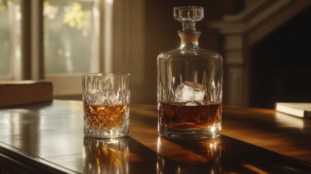 Sophisticated whiskey glass with ice cubes beside a classic decanter, set on a polished wood bar with warm lighting.の素材