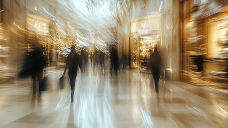 Abstract motion blur of shoppers walking past high-end stores in a luxury shopping mall hallwayの素材