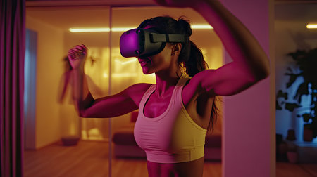 Woman using VR headset in a cozy room, engaging with a virtual fitness class, showing energy and excitement.の素材