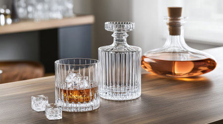 Sophisticated whiskey glass with ice cubes beside a classic decanter, set on a polished wood bar with warm lighting.の素材