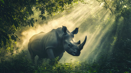 A dramatic shot of a Javan rhino emerging from thick jungle mist, with sunlight breaking through.の素材