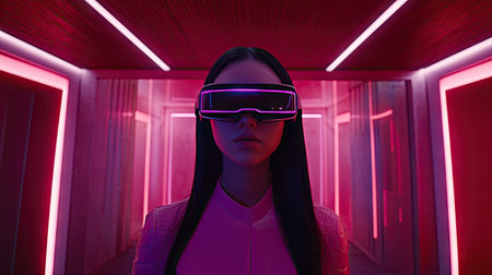 Woman wearing VR headset surrounded by futuristic holographic icons, simulating a high-tech virtual interface.の素材