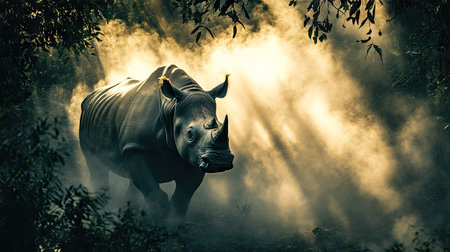 A dramatic shot of a Javan rhino emerging from thick jungle mist, with sunlight breaking through.の素材