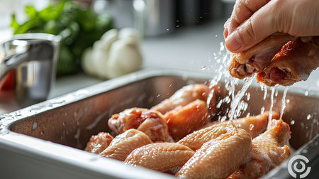 Fresh chicken wings being washed under running water in a clean kitchen sink.の素材