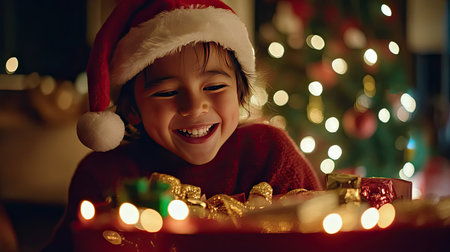Smiling child in Santa hat and red sweater, opening a box filled with holiday surprises, with sparkling lights around.の素材