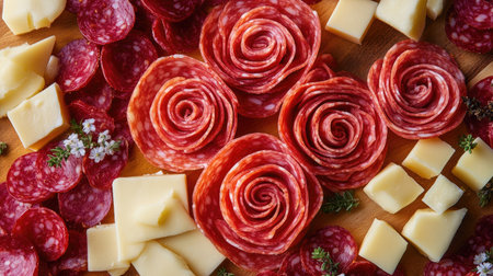 A festive chopping board layout with salami roses, cheese cubes, and decorative edible flowers.の素材