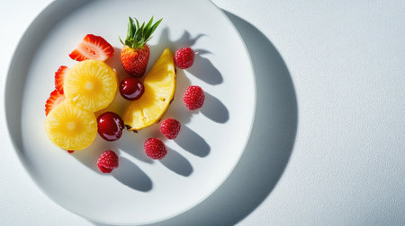 Mixed fresh fruits, including pineapple rings, strawberries, and cherries, arranged symmetrically on a white plate with a shadowed white backdropの素材