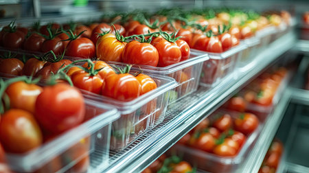 Vibrant tomatoes in transparent trays on stainless steel shelves in a chilled food storage roomの素材