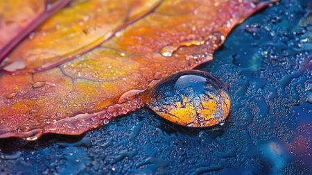 A drop of water landing on a vibrant leaf, with visible veins and reflective textures.の素材