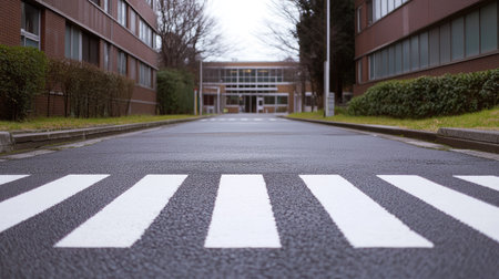 A zebra crossing leading to a school entrance, with no cars or people in sight.の素材
