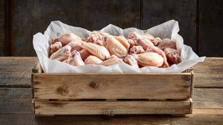 Fresh chicken wings displayed in a wooden crate lined with parchment paper, styled with rustic charm.の素材