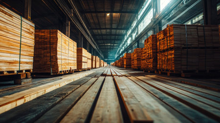 Rows of processed wooden planks neatly stacked in a sawmill, ready for transportation or further useの素材