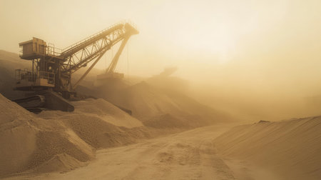 Morning view of a sand quarry, with fog partially covering the machinery and sand dunes, creating a mysterious atmosphereの素材