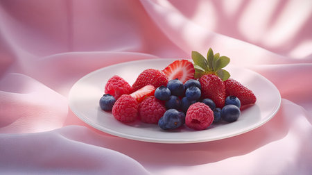 Mixed berry medley on a white plate, including raspberries, strawberries, and blueberries, with soft natural lightの素材