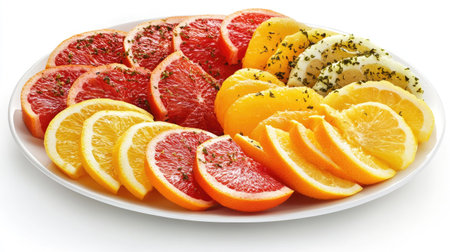 Mixed citrus fruits with a vibrant peel texture and juicy flesh, sliced and arranged on a white plate on a seamless white surfaceの素材
