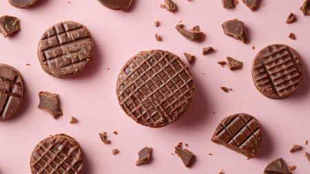 Flat lay of chocolate wafers on a pastel background with crumbs and chocolate pieces for a minimalist design.の素材