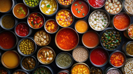 A flat-lay of canned foods arranged in a circular pattern, showcasing the variety from soups to saucesの素材