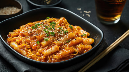 Rose tteokbokki with noodles served with chopsticks resting on the side and a glass of Korean soju in the frameの素材