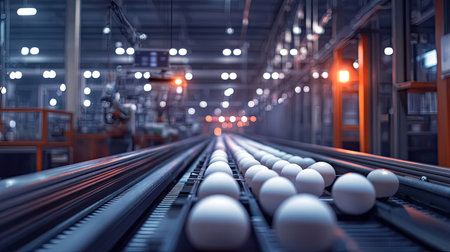 Eggs rolling down a conveyor belt in an industrial facility, with automated quality control sensors overhead.の素材