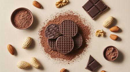 Flat lay of chocolate wafers surrounded by nuts, cocoa powder, and chunks of dark chocolate.の素材