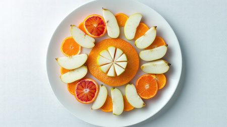 Sliced apples, pears, and oranges arranged in a circular pattern on a pristine white plate, photographed from aboveの素材