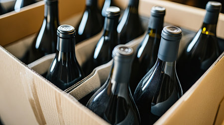 Wine bottles packed in foam compartments inside a sturdy cardboard box, ready for shippingの素材