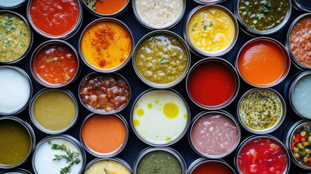 A flat-lay of canned foods arranged in a circular pattern, showcasing the variety from soups to saucesの素材