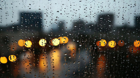 Water drops on a windowpane during a rainy day, with blurred urban lights in the background.の素材