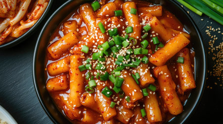 Rose noodle tteokbokki garnished with green onions, sesame seeds, and chili oil, surrounded by vibrant Korean dishesの素材