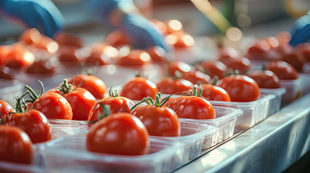 Fresh red tomatoes neatly packed in plastic trays on a conveyor belt in a food processing facility, workers wearing gloves in the backgroundの素材