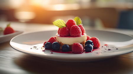 Mixed berry medley on a white plate, including raspberries, strawberries, and blueberries, with soft natural lightの素材