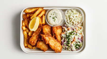 Overhead shot of a meal tray featuring fish and chips with tartar sauce, coleslaw, and a lemon wedgeの素材