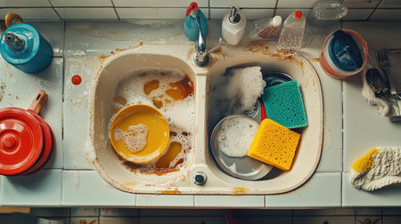 A ceramic sink with dirty dishes and greasy pans, surrounded by colorful sponges and dish soapの素材