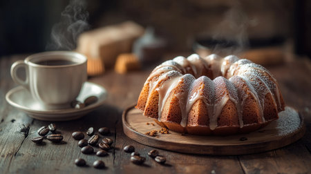 A bundt cake with a coffee glaze, served alongside a steaming cup of espresso on a wooden tableの素材