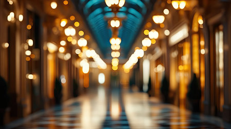 A blurred view of a luxury shopping mall interior, showcasing bright lights, high ceilings, and elegant store facadesの素材